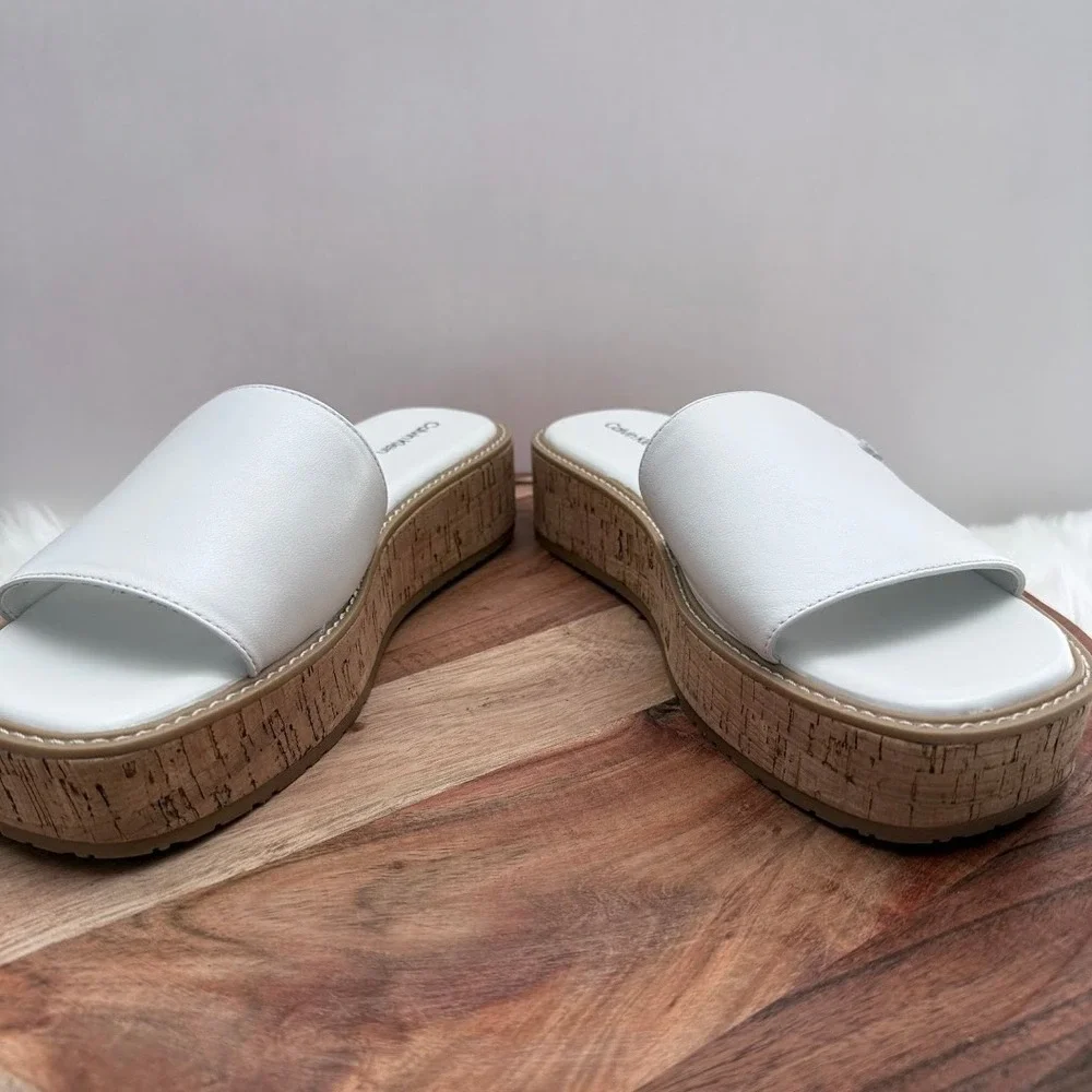 Calvin Klein White Arzelia Leather Cork Platform‎ Slide Sandals Womens 9.5 M